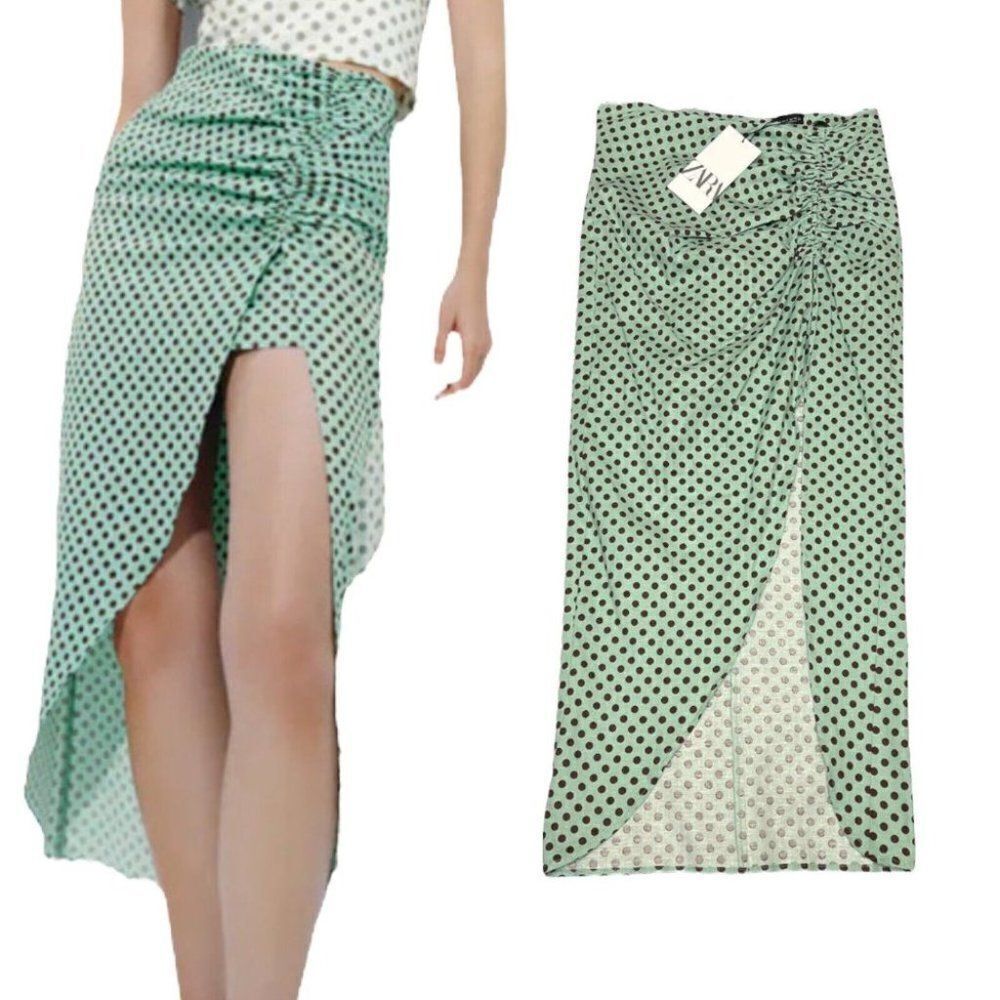 Zara‎ Linen Polka Dot Skirt Midi Slit Ruched Brown Mini Pin Up Summer Rockabilly